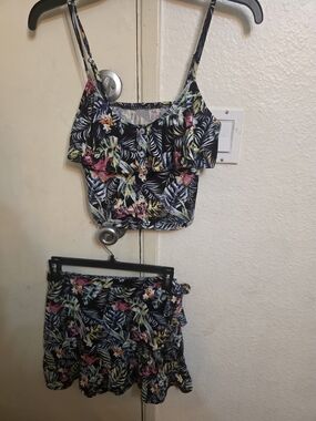 Black Floral Tank Top And Skirt with Pink and Yellow Accents